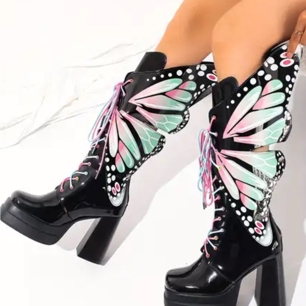 Platform Boots Butterfly Womens Lace-Up Chunky Heel Sz 8 Black Irridescent